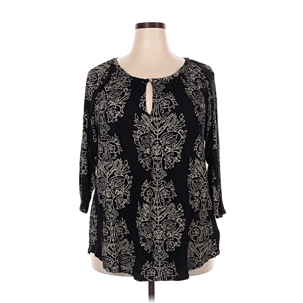 Lucky Brand Black/Tan Print Popover 3/4 Sleeve Top and Keyhole Neckline Size 1X